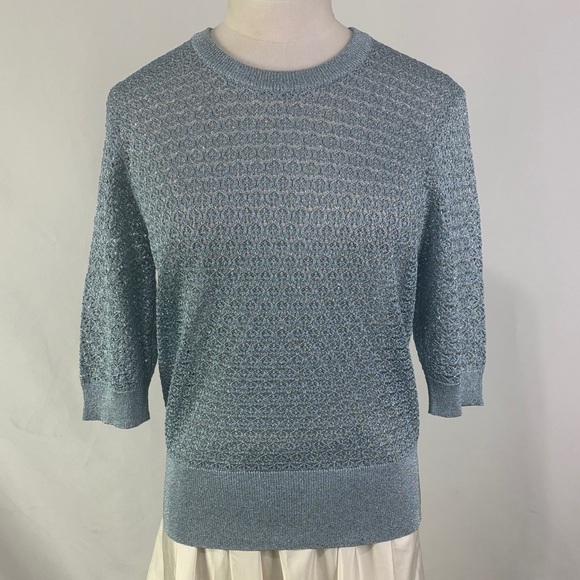 Dolce and Gabbana Blue Shimmer Loose Knit Short Sleeve Sweater